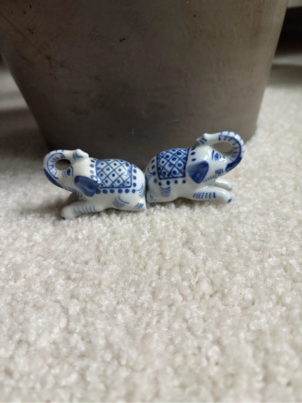 Vintage Delft Blue Elephant Trunk Up Miniature Porcelain Salt & Pepper Shakers